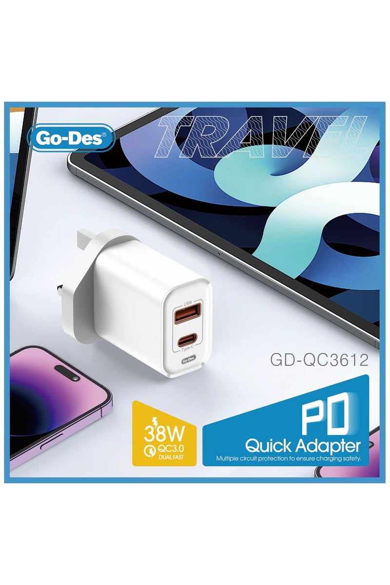 GO-DES 38W PD + QC 3.0 Dual-Port Fast Travel Charger USB-C USB-A Wall Adapter with Smart Protection - Image 2