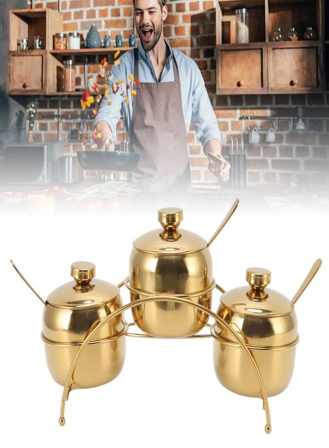 Fdit 3Pcs Seasoning Jar Set with Lid and Spoon, Stainless Steel Seasoning Storage Container Rack Organizer Condiment Holder for Salt Sugar (Gold) - Image 2