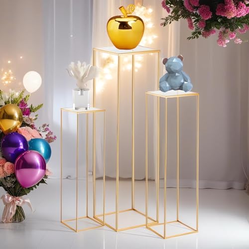 Kapaga 3pcs Gold Metal Plant Stand, Cylinder Pedestal Stands for Parties, Metal Plant Columns Pedestal Stands for Display, Square Cylinder Columns tables for Weddings Cake Stand Floor Plant Tables - Image 1