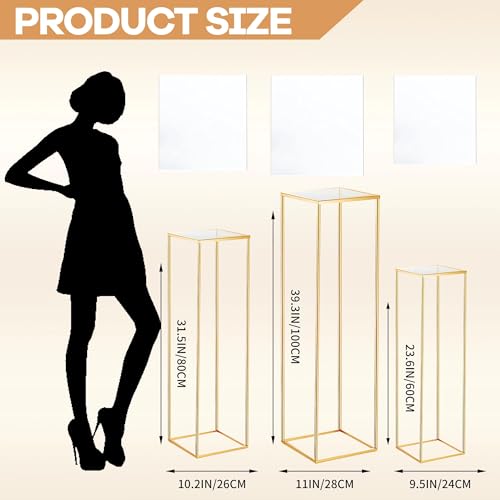 Kapaga 3pcs Gold Metal Plant Stand, Cylinder Pedestal Stands for Parties, Metal Plant Columns Pedestal Stands for Display, Square Cylinder Columns tables for Weddings Cake Stand Floor Plant Tables - Image 2