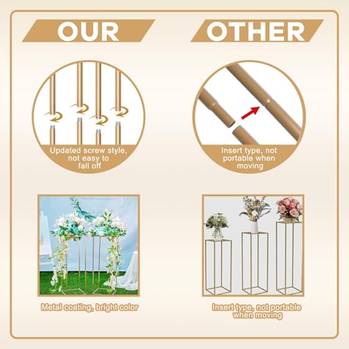 Kapaga 3pcs Gold Metal Plant Stand, Cylinder Pedestal Stands for Parties, Metal Plant Columns Pedestal Stands for Display, Square Cylinder Columns tables for Weddings Cake Stand Floor Plant Tables - Image 5