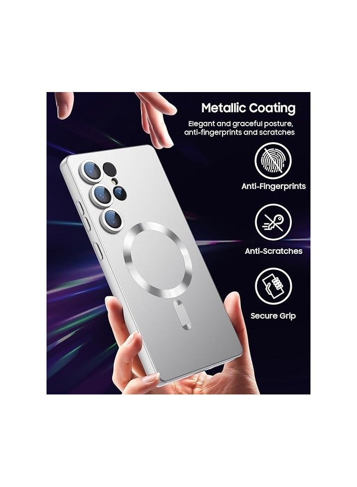 Case Cover Compatible with Magnetic for Samsung Galaxy S25 Ultra Case [Compatible with MagSafe][Built-in Camera Lens Protector] Slim Soft Silicone Bumper Shockproof Metallic Luster (Silver) - Image 3