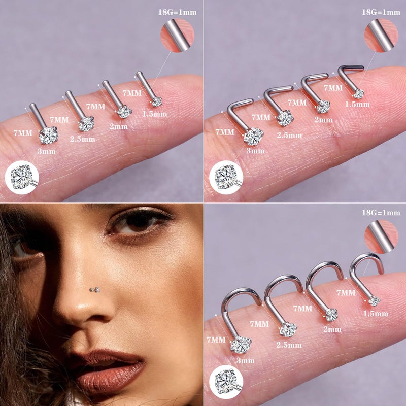 LOYALLOOK 18Pcs Nose Rings Studs 316L Surgical Steel Silver Nose Studs Double Hoop Nose Ring for Women Men 18G Silver Nose Rings Stud Hypoallergenic Nose/Body Piercing Jewelry 1.5mm 2mm 2.5mm 3mm CZ - Image 4