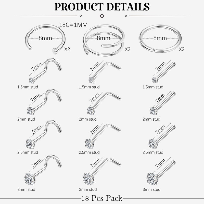 LOYALLOOK 18Pcs Nose Rings Studs 316L Surgical Steel Silver Nose Studs Double Hoop Nose Ring for Women Men 18G Silver Nose Rings Stud Hypoallergenic Nose/Body Piercing Jewelry 1.5mm 2mm 2.5mm 3mm CZ - Image 3