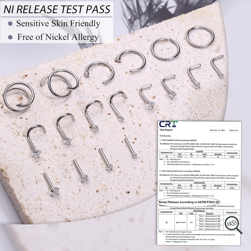 LOYALLOOK 18Pcs Nose Rings Studs 316L Surgical Steel Silver Nose Studs Double Hoop Nose Ring for Women Men 18G Silver Nose Rings Stud Hypoallergenic Nose/Body Piercing Jewelry 1.5mm 2mm 2.5mm 3mm CZ - Image 5