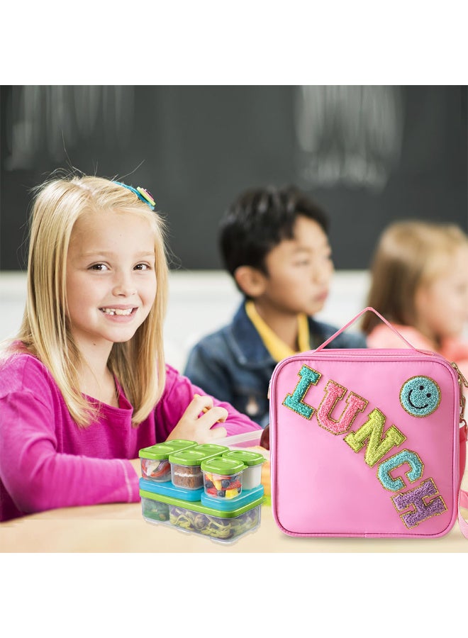 Bincoo Reusable Lunch Box Insulated Lunch Bag Cooler Bag With Adjustable Shoulder Strap, Smiley Preppy Lunch Bag for Girls School Travel Picnic-23*23*8cm (Pink) - Image 2