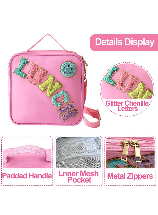 Bincoo Reusable Lunch Box Insulated Lunch Bag Cooler Bag With Adjustable Shoulder Strap, Smiley Preppy Lunch Bag for Girls School Travel Picnic-23*23*8cm (Pink) - Image 4