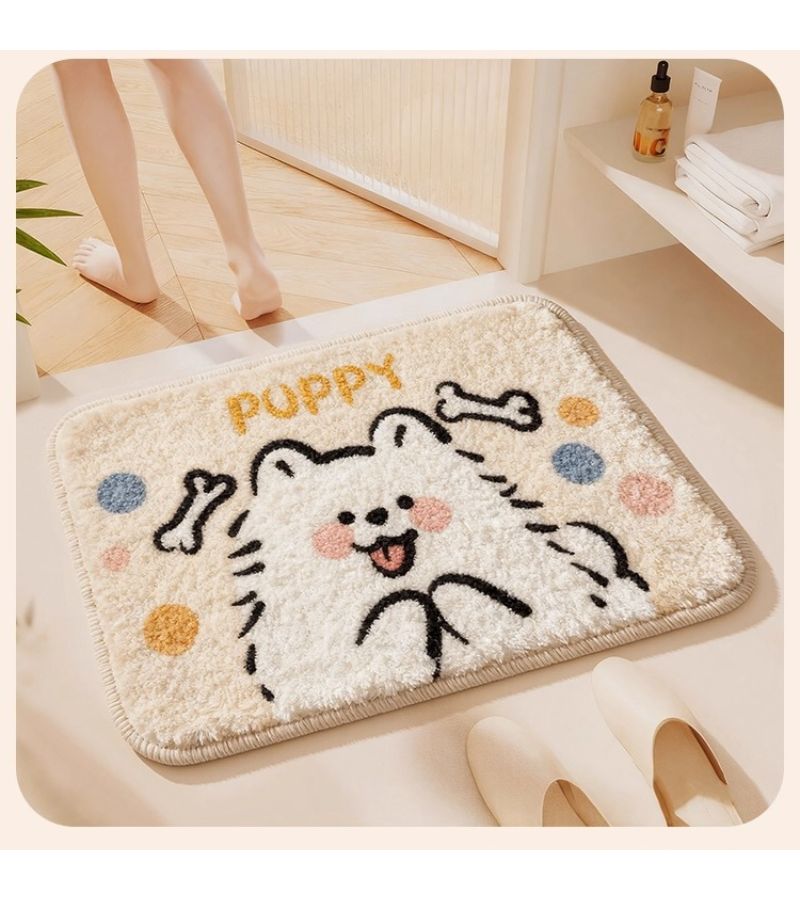31.5x63 Inch Faux Fur Cream White Plush Cute Dog Shape Carpet Non Slip Living Room Sofa Decor Mat For Bedroom Bathroom Window - Image 1