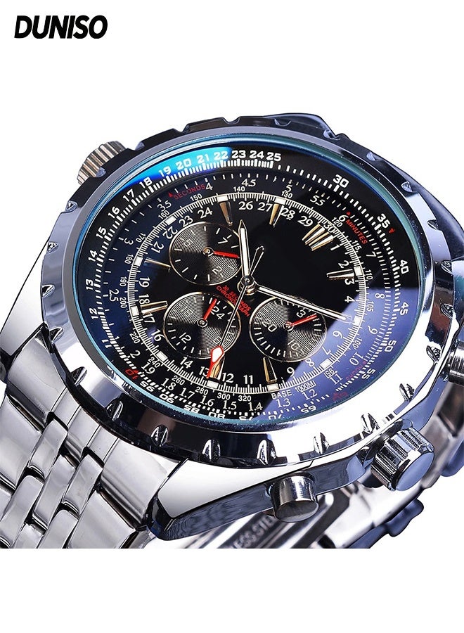 DUNISO Men's Wrist Watch,Stainless Steel Luminous Pointer Waterproof Multifunction Watch,Three-eye Six-Pin Calendar Week,Business Automatic Mechanical Watch - Image 1