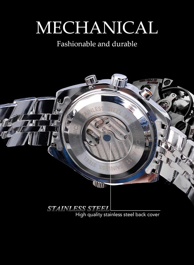 DUNISO Men's Wrist Watch,Stainless Steel Luminous Pointer Waterproof Multifunction Watch,Three-eye Six-Pin Calendar Week,Business Automatic Mechanical Watch - Image 5