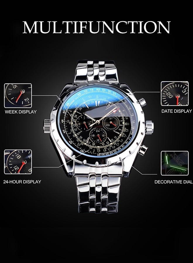 DUNISO Men's Wrist Watch,Stainless Steel Luminous Pointer Waterproof Multifunction Watch,Three-eye Six-Pin Calendar Week,Business Automatic Mechanical Watch - Image 3