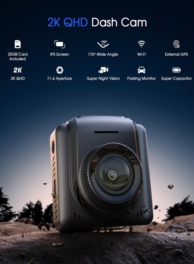Avylet 2K Dash Cam with 32 GB Card, 1.5'' IPS Screen, External GPS, WiFi Dash Camera for Cars, Front Dashcams for Cars with APP, WDR, Night Vision, 24 Hours Parking Monitor, G-Sensor, Loop Recording - Image 2