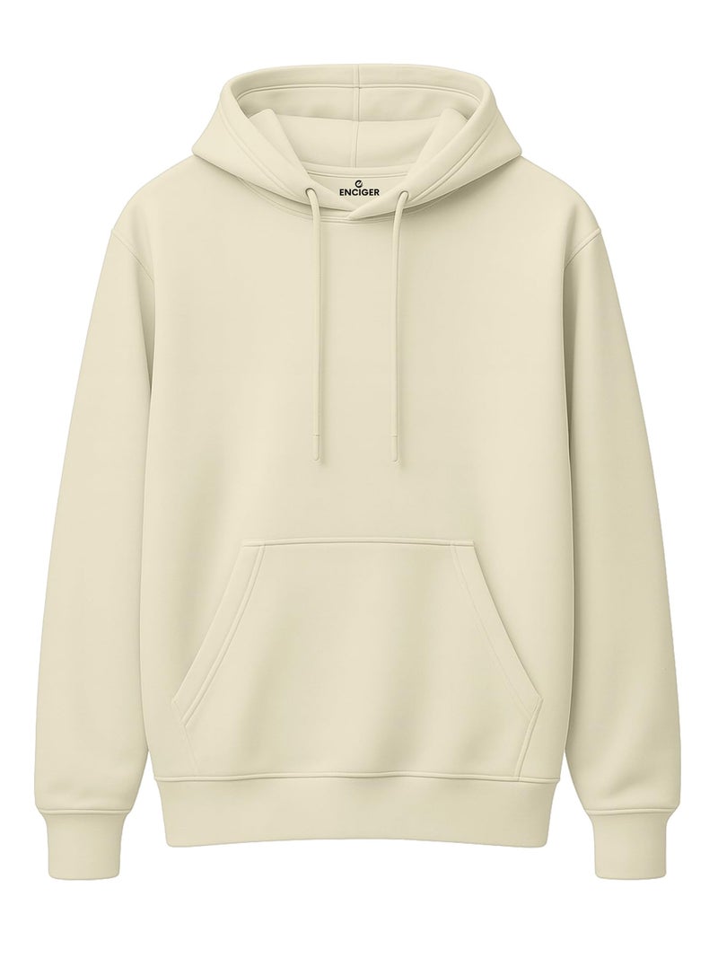 ENCIGER Men’s Solid Hoodie | 100% Cotton Fleece Warm Sweatshirt with Kangaroo Pocket & Adjustable Hood | Regular Fit Winter Wear for Men Off-White, L - Image 1