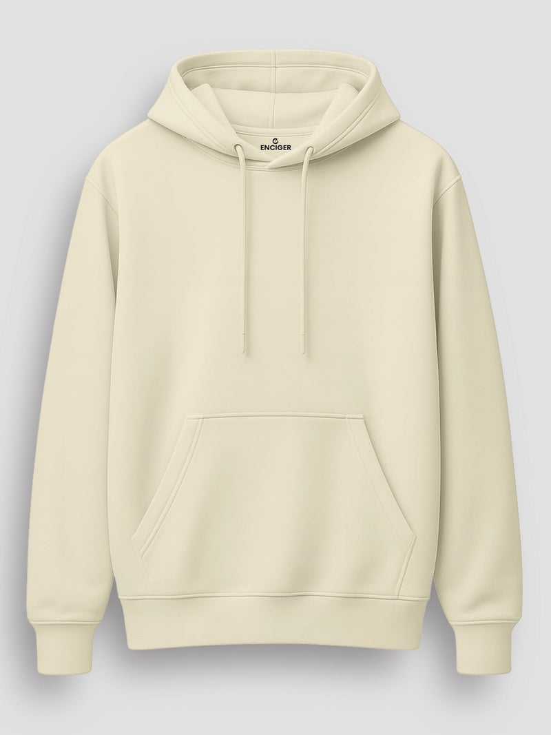 ENCIGER Men’s Solid Hoodie | 100% Cotton Fleece Warm Sweatshirt with Kangaroo Pocket & Adjustable Hood | Regular Fit Winter Wear for Men Off-White, L - Image 2