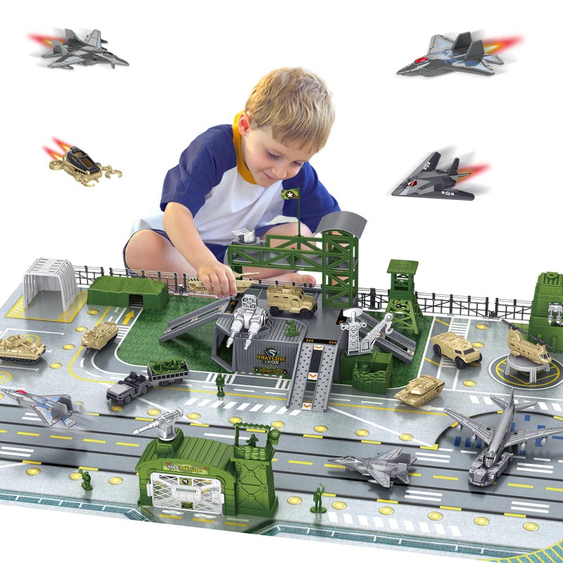 WASAiKA Military Base Toy Sets, Army Men Action Figures, Airplane Toy, Tank, Helicopter, Vehicles Accessories and Base Play Map, Birthday Gift Toys for Boys - Image 1