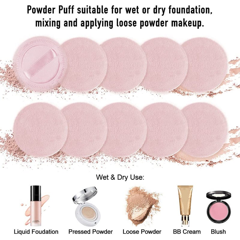 RIANZ® Pack of 4 Powder Puff Round Velour Face Makeup Compact Body Container Setting Pressed Blending Foundation Cream Make Up Ribbon Strap Sponge Cushion Applicator (Pink) - Image 3