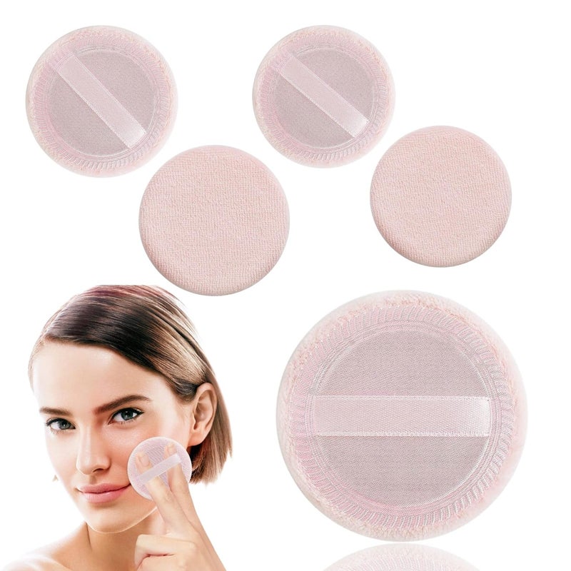 RIANZ® Pack of 4 Powder Puff Round Velour Face Makeup Compact Body Container Setting Pressed Blending Foundation Cream Make Up Ribbon Strap Sponge Cushion Applicator (Pink) - Image 1
