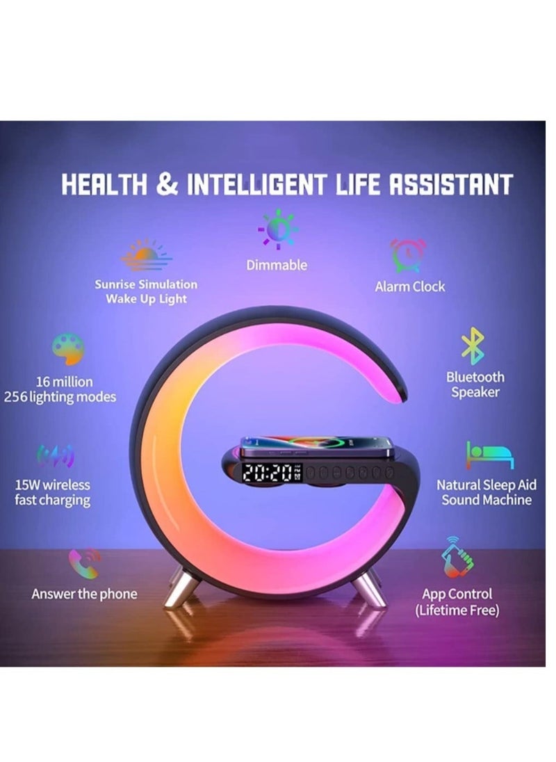 HuHa - Table Lamp Desk Night Light with 15W Quick Wireless Charger and Bluetooth Speaker, Desk Lamp with Alarm Clock and 256 RGB Light Modes Bedroom Lamp As Sleep Aid White Noise Machine - Image 1