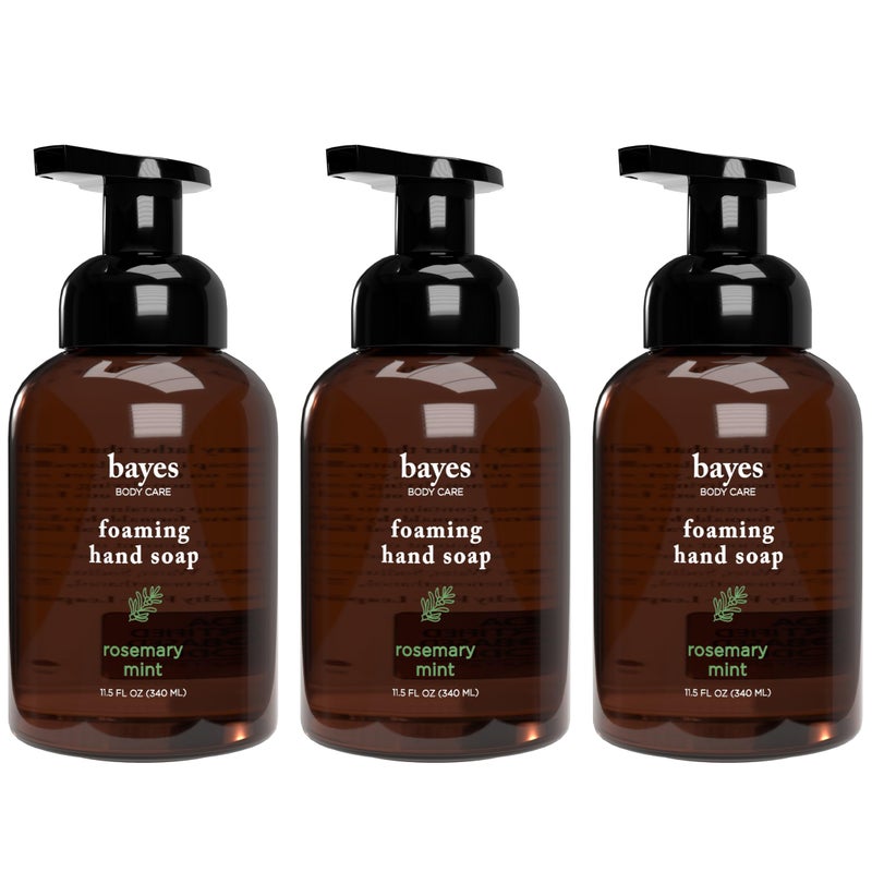 Bayes Foaming Hand Soap - Aromatic and Nourishing Hand Wash, Infused with Essential Oils - USDA Certified Biobased - 11.5 Ounce, Rosemary Mint, 3 Pack