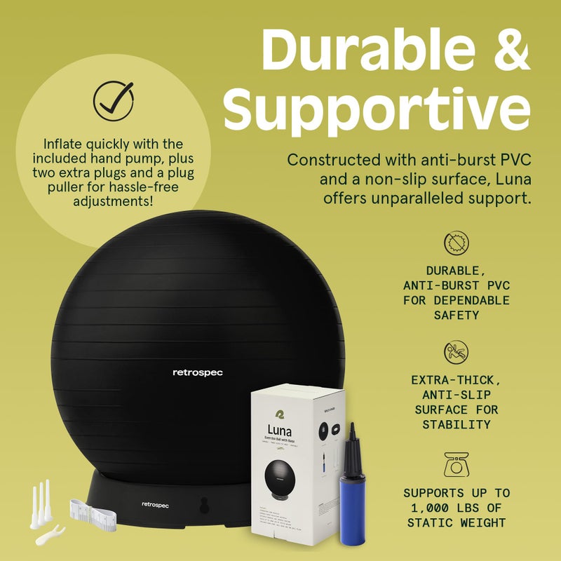 Retrospec Luna Exercise Ball - 55, 65, or 75cm Yoga Ball for Workouts, Stability, Pregnancy - Swish Balance Ball w/Pump & Base for Office & Home Gym, 65cm, Black - Image 3