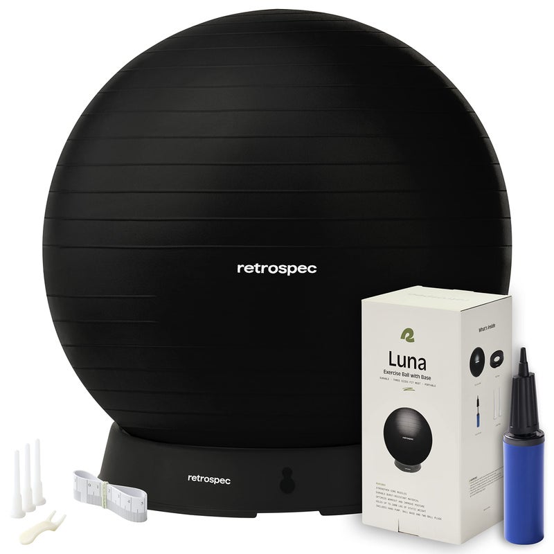 Retrospec Luna Exercise Ball - 55, 65, or 75cm Yoga Ball for Workouts, Stability, Pregnancy - Swish Balance Ball w/Pump & Base for Office & Home Gym, 65cm, Black - Image 1