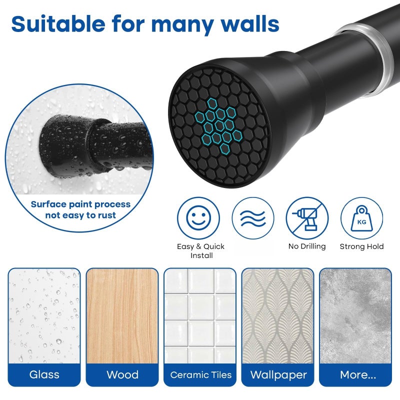 QINGYUN Black Tension Curtain Rod 28 to 48 Inch Spring Rod No Drilling Adjustable Shower Curtain Rod for Windows, Bathrooms, Closet, Kitchen - Image 4