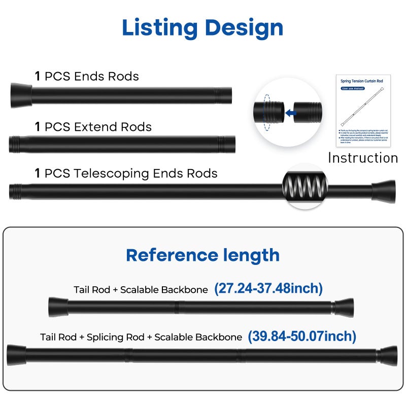 QINGYUN Black Tension Curtain Rod 28 to 48 Inch Spring Rod No Drilling Adjustable Shower Curtain Rod for Windows, Bathrooms, Closet, Kitchen - Image 2