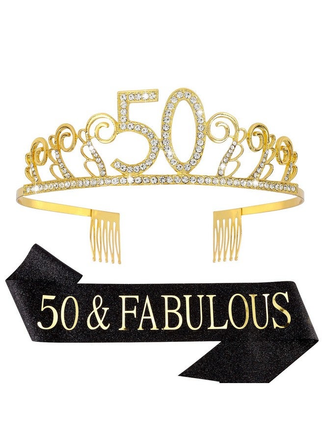 CIEHER 50th Birthday Crown + Sash Set, Fabulous Birthday Gifts for Women, Mom's Party Favor Supplies - Image 1