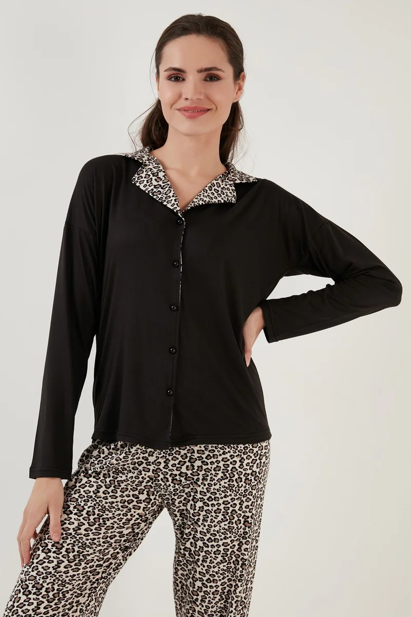 Lela Patterned Elastic Waist Long Sleeve Shirt Collar Woven Pajama Set Women's Pajama Set 6097520