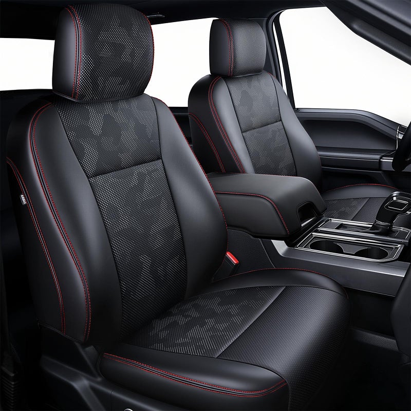 Carlimeki Premium Faux Leather Seat Covers for Ford F150 SuperCrew XL XLT STX 20152020 F250F350F450 Crew Cab XL XLT 20172022 Fully Covered Designed for 40Console40 Front Seats Camo Black - Image 3