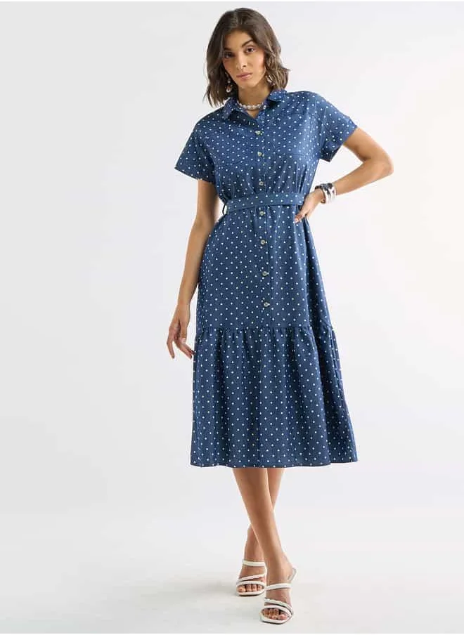 FAV Polka Dot Print Shirt Dress with Pockets and Tie-Up Detail