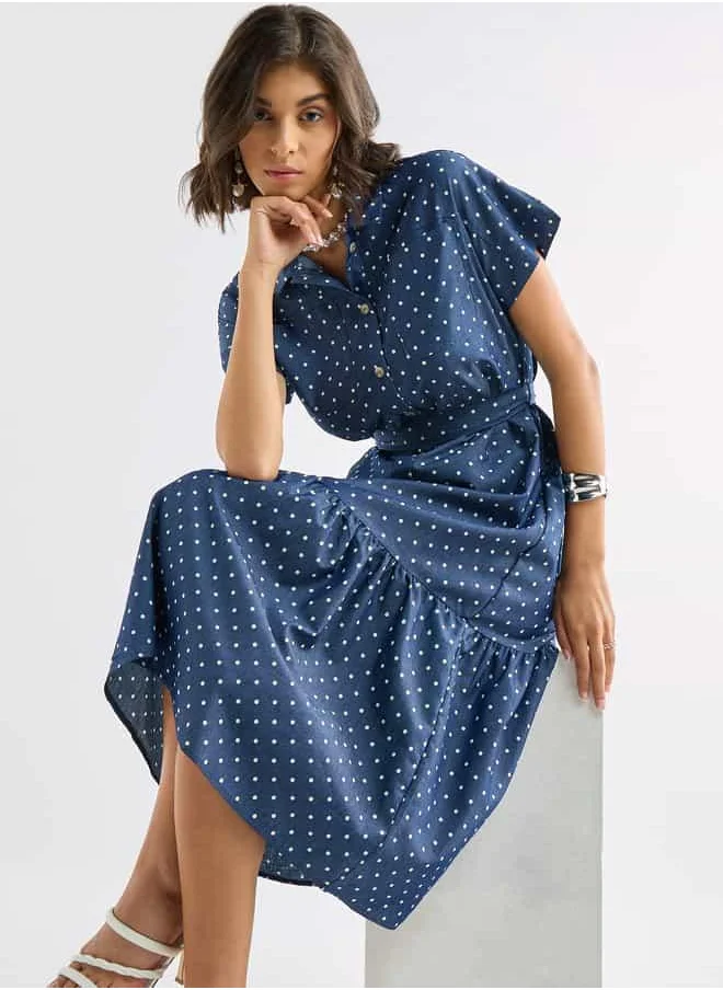 FAV Polka Dot Print Shirt Dress with Pockets and Tie-Up Detail