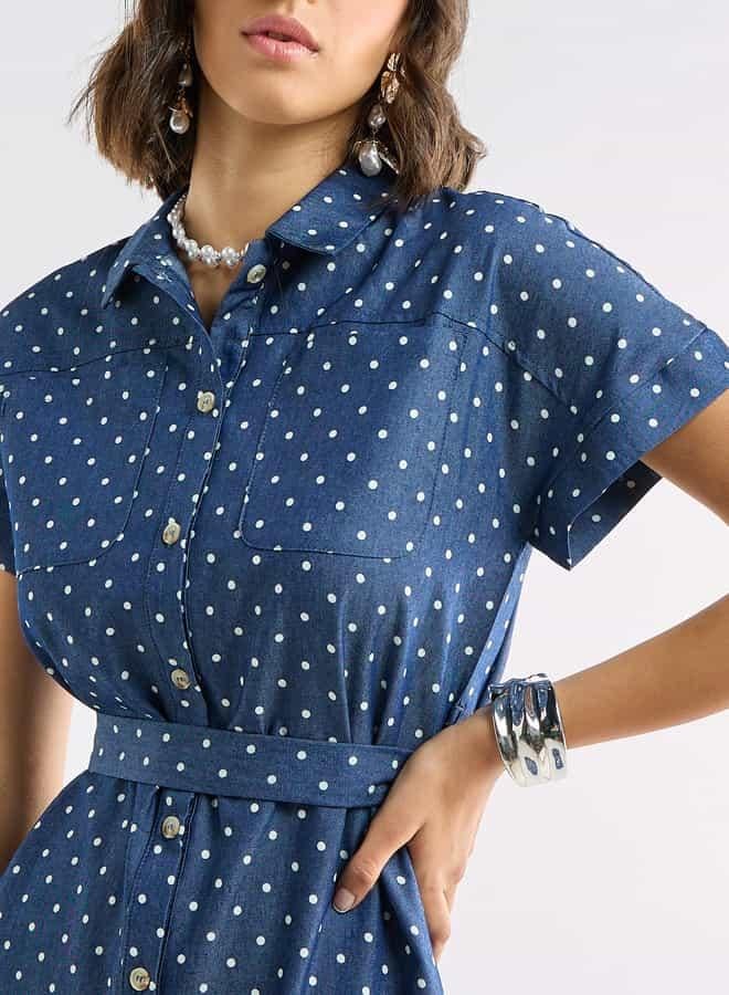 سبلاش فيڤ فستان قميص بطبعات منقّطة وجيوب ورباط - Image 4