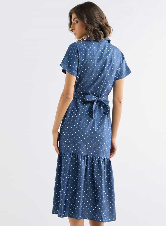 سبلاش فيڤ فستان قميص بطبعات منقّطة وجيوب ورباط - Image 3