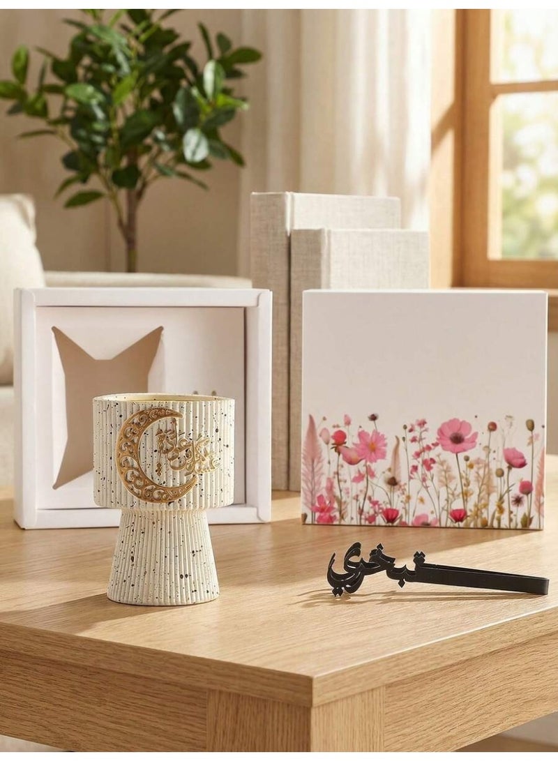 زينة رمضان مبخر بخور راتنجي أنيق باللون الأبيض الحليبي بتصميم مخطط عمودي مناسب للمنزل والمكتب وديكور رمضان - Image 3