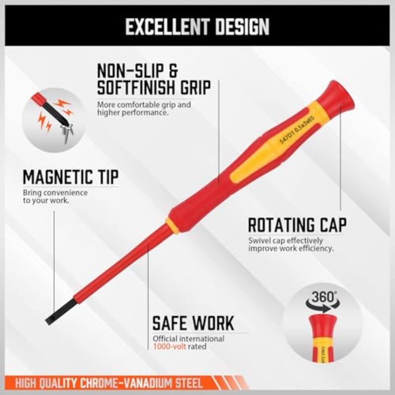 Joyzzz Mini Insulated Screwdriver Set, 1000V 6 PCS Hand Tool Kit with Magnetic Tips, Portable Slotted and Phillips Bits for Electricians, Professional Screwdrivers for Electrical Repairs - Image 3