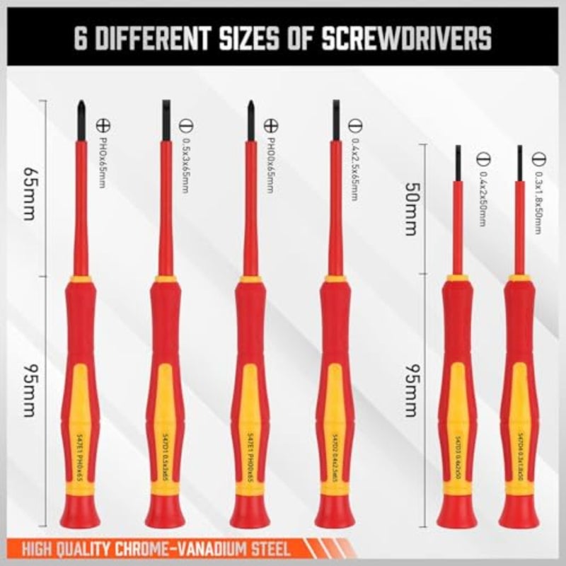 Joyzzz Mini Insulated Screwdriver Set, 1000V 6 PCS Hand Tool Kit with Magnetic Tips, Portable Slotted and Phillips Bits for Electricians, Professional Screwdrivers for Electrical Repairs - Image 2