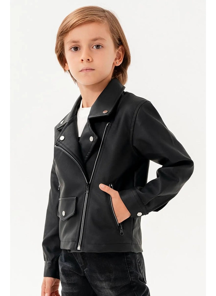 Gold Class Kidswear Double Pocket Zippered Lined Boy's Leather Jacket  - Image 4