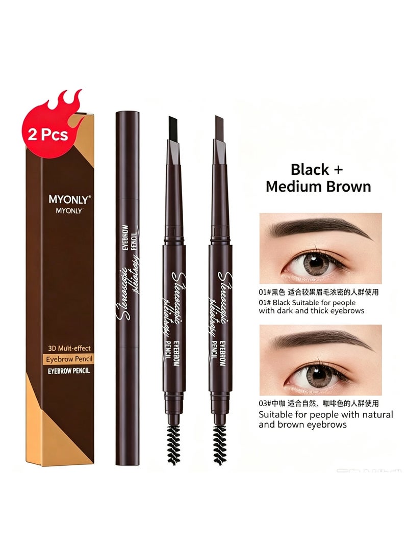 Myonly 2PCS MYONLY Ladies' Eyebrow Pencil, Maiouli 3D Multi-Effect Double-Ended Triangle and Straight Brow Pencil for Beginners, Smudge-Resistant Makeup Pencil, 03# Medium Brown And 01#Black - Image 1