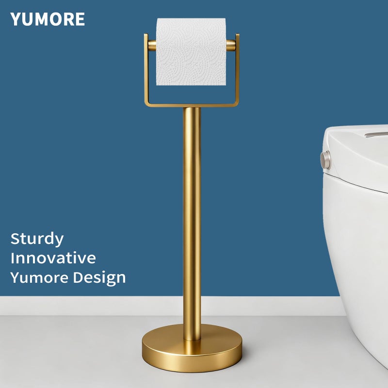 YUMORE Toilet Paper Holder Free Standing, Stainless Steel Toilet Paper Stand, Weighted Base Floor Tissue Roll Holder for Bathroom,Gold 200UP - Image 2