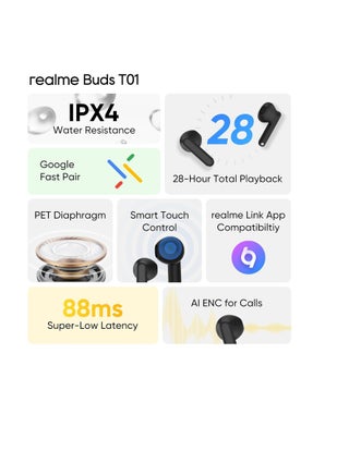 سماعات أذن لاسلكية حقيقية Buds T01، تقنية AI ENC للمكالمات، سائق باس ديناميكي 13 مم، بطارية 28 ساعة، بلوتوث V5.4، اقتران سريع من جوجل - view 5