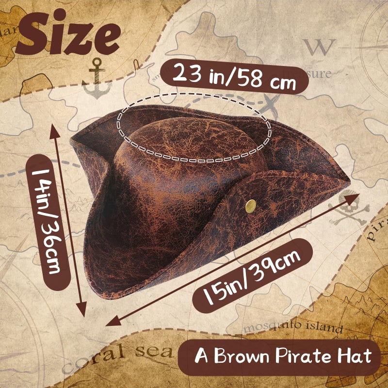 Xeehwb Brown Faux Leather Pirate Hat,Tricorn Pirate Hat,Novelty Leather Pirate Hat for Men Women Halloween Costume Accessories,Cosplay - Image 2
