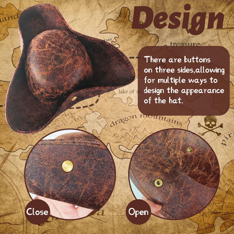 Xeehwb Brown Faux Leather Pirate Hat,Tricorn Pirate Hat,Novelty Leather Pirate Hat for Men Women Halloween Costume Accessories,Cosplay - Image 4