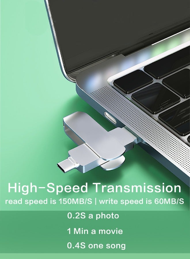 RUKYU 128GB USB Flash Drive Dual Interface USB 3.0 2.0 Type-C High-Speed Storage 150MBps Read 60MBps Write 360-Degree Rotating Protective Cover Compatible with Computers Tablets Phones Cars Audio TVs for Everyday Use - Image 4