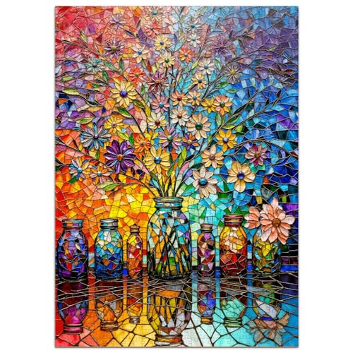 AEEKDOOK Stained Glass Flower Puzzles for Adults 1000 Pieces Jigsaw Puzzles 1000 Pieces for Adults Fun Puzzles with Letters On Back Challenging Game Toys Family Decoration Puzzle 197 276in - Image 1