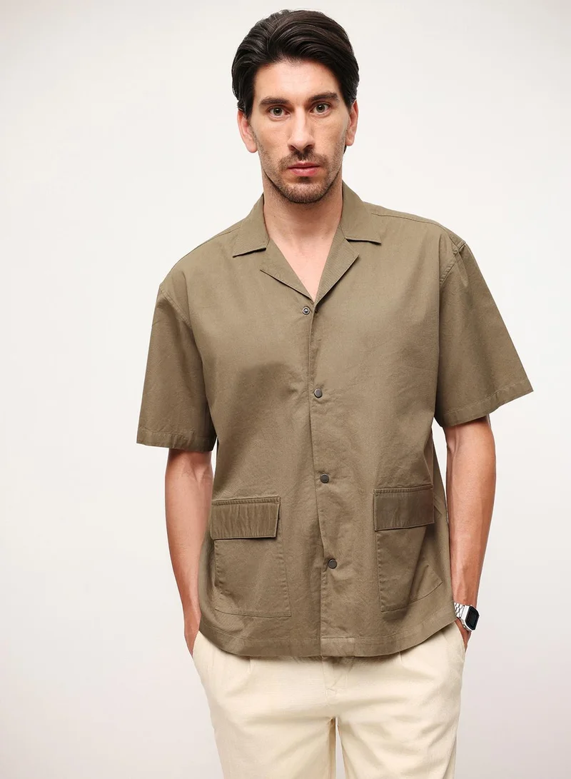 Dennis Lingo Light Olive Cotton Blend Solid Print Button Down Boxy Shirt For Men