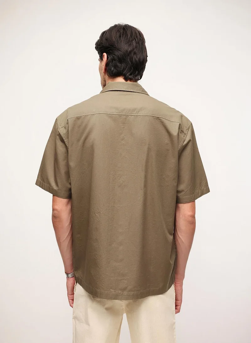 Dennis Lingo  Light Olive Cotton Blend Solid Print Button Down Boxy Shirt For Men for Men | Best Price UAE