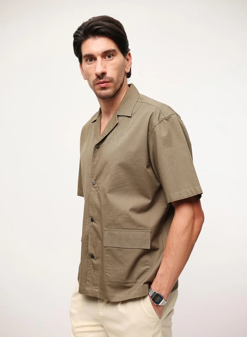 Dennis Lingo Light Olive Cotton Blend Solid Print Button Down Boxy Shirt For Men