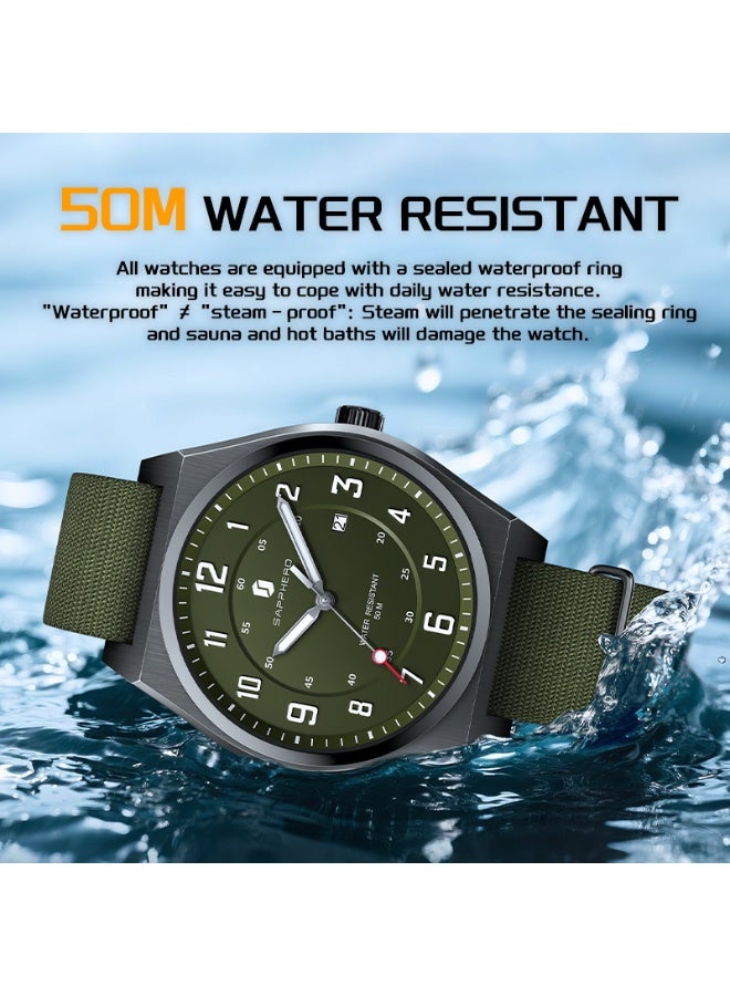 SAPPHERO Men's Watch Military Sports Watch 50M Water Resistant Luminous Pointer 3 O'Clock Date Window Durable Adjustable Nylon Strap Casual Watch for Men - Image 3