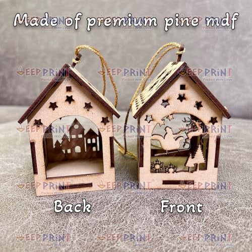 DEEP PRINT Wooden Christmas House Ornaments | Hanging Decoration Lanterns with Cut-Out Designs | Premium Pine MDF | LED Tea Light Candle Holder for Christmas Tree & Home Decor (Set of 3) - Image 3